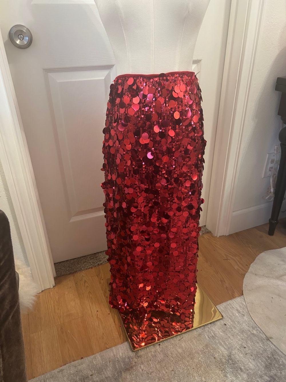 Red Sequin Maxi Skirt with Large Paillettes